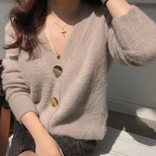 Load image into Gallery viewer, FMFSSOM Golden Shiny Button Single Breasted Woolen Women Cardigans Sweater Casual Female Warm Elegant Autumn Winter
