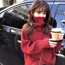 Load image into Gallery viewer, Chic Simple Solid Color Turtleneck Winter Women Casual Warm Knitting Jumpers Sweaters Ladies Basis Loose Tops Green Pullovers
