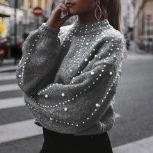 Load image into Gallery viewer, Winter Knitted Sweater Women Faux Pearl Turtleneck Lantern Sleeve Loose Gray Pullover Female Soft Warm Casual Jumper