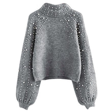 Load image into Gallery viewer, Winter Knitted Sweater Women Faux Pearl Turtleneck Lantern Sleeve Loose Gray Pullover Female Soft Warm Casual Jumper