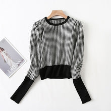 Load image into Gallery viewer, Tangada women vintage plaid pattern jumpers o neck puff long sleeve crop sweater knitted tops YU61