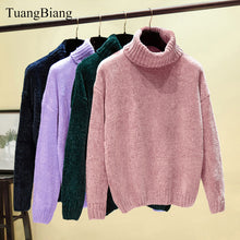 Load image into Gallery viewer, Chic Vintage chenille Cashmere Womens Full sleeve Gold velvet Sweaters Winter Ladies Solid Turtleneck Loose female jumpers 2019