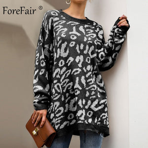 Forefair Leopard Casual Oversize Sweater Woman Autumn 2019 Winter Knitted Animal Print Plus Size Loose Long Sweaters Women