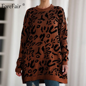 Forefair Leopard Casual Oversize Sweater Woman Autumn 2019 Winter Knitted Animal Print Plus Size Loose Long Sweaters Women