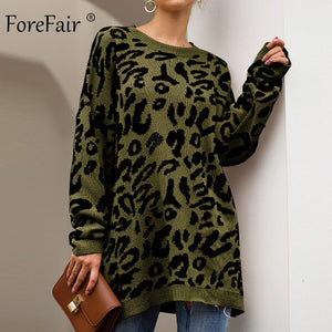 Forefair Leopard Casual Oversize Sweater Woman Autumn 2019 Winter Knitted Animal Print Plus Size Loose Long Sweaters Women