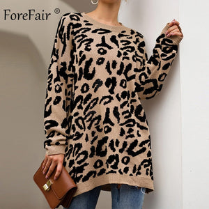 Forefair Leopard Casual Oversize Sweater Woman Autumn 2019 Winter Knitted Animal Print Plus Size Loose Long Sweaters Women