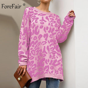 Forefair Leopard Casual Oversize Sweater Woman Autumn 2019 Winter Knitted Animal Print Plus Size Loose Long Sweaters Women