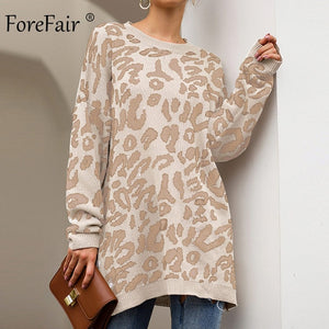 Forefair Leopard Casual Oversize Sweater Woman Autumn 2019 Winter Knitted Animal Print Plus Size Loose Long Sweaters Women