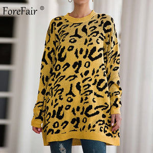 Forefair Leopard Casual Oversize Sweater Woman Autumn 2019 Winter Knitted Animal Print Plus Size Loose Long Sweaters Women