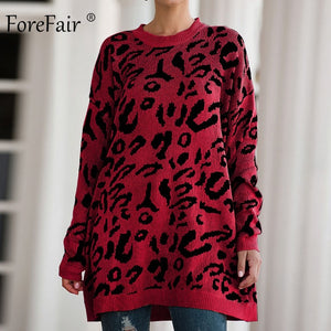 Forefair Leopard Casual Oversize Sweater Woman Autumn 2019 Winter Knitted Animal Print Plus Size Loose Long Sweaters Women