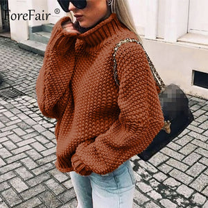 Forefair Oversize Turtleneck Knitted Sweater Winter Knitwear Plus Size Slim Solid Green Orange White Warm Casual Sweater Women