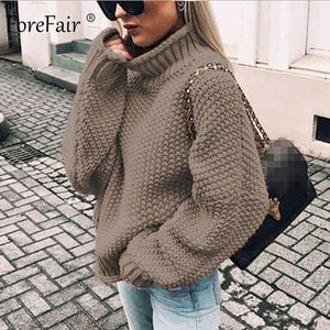 Forefair Oversize Turtleneck Knitted Sweater Winter Knitwear Plus Size Slim Solid Green Orange White Warm Casual Sweater Women