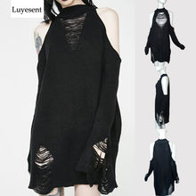 Load image into Gallery viewer, Black Gothic Long Sweaters Women Punk Hollow Out Off Shoulder Thin Hole Pullover Jumpers Cool Broken Knit Sexy Sweater Slit Top
