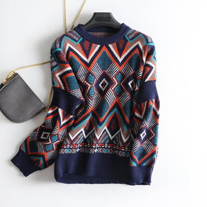 AOEMQ Winter Warm Sweater Women O-Neck Folk Punk Patchwork Irregular Pattern Sweater Women Tops Clothing for Christmas Day