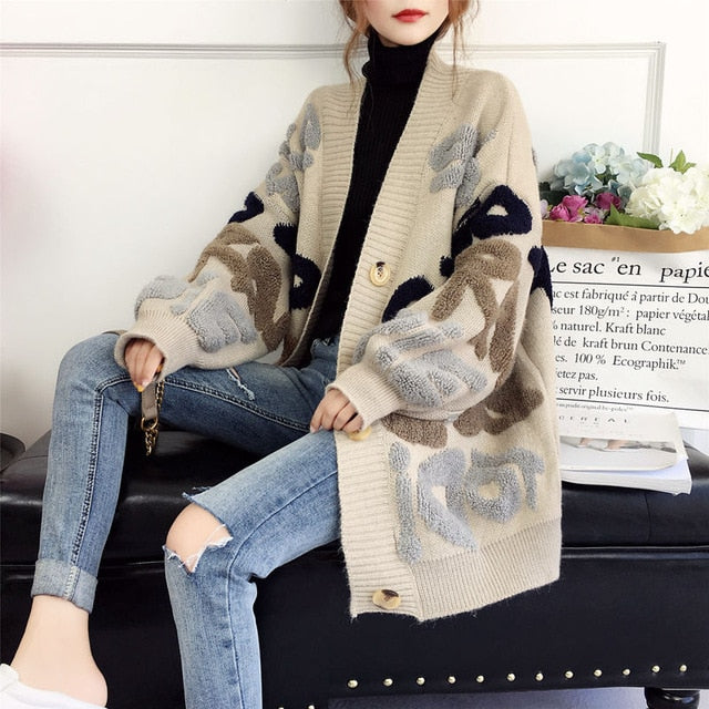 Vangull Women Letter Print Knitted Sweater Spring Autumn New Korean Long Sleeve Single Breasted Thick Fashion Loose Cardigan