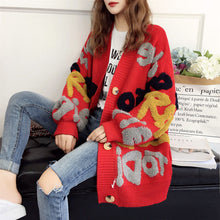 Load image into Gallery viewer, Vangull Women Letter Print Knitted Sweater Spring Autumn New Korean Long Sleeve Single Breasted Thick Fashion Loose Cardigan
