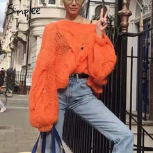 Load image into Gallery viewer, Simplee Hollow out mohair women pullover sweater Autumn winter lantern sleeve female orange sweater Oversize ladies jumper 2019
