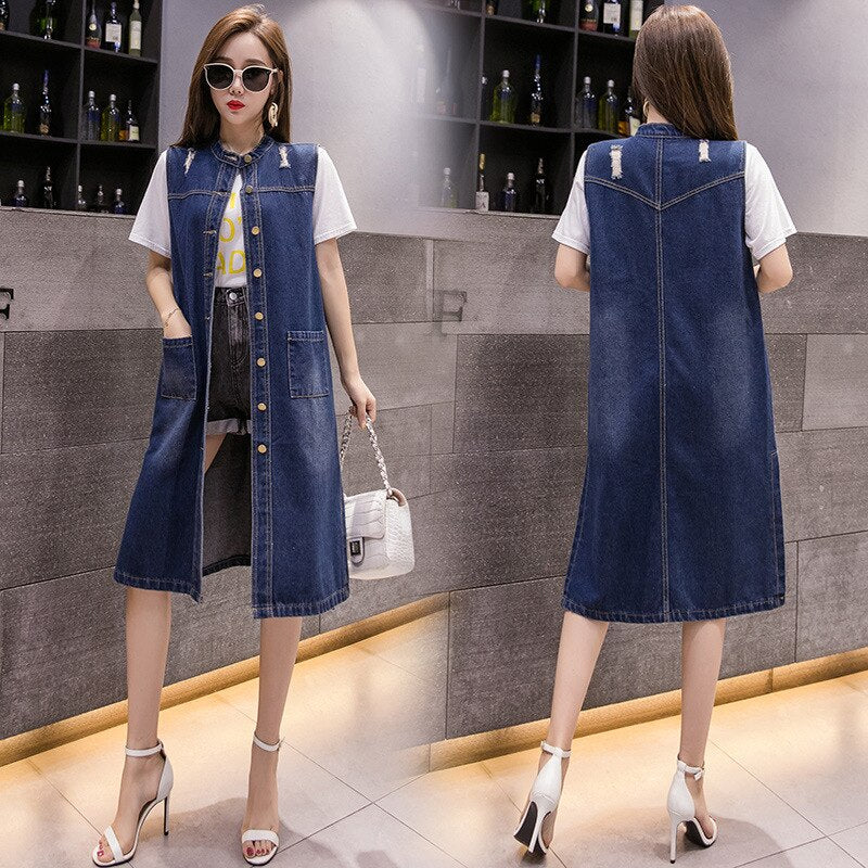 Photo Shoot 200 New Style LADY'S Denim Jacket Women's Mid-length Loose-Fit Students Trench Coat Female Jeans Vest