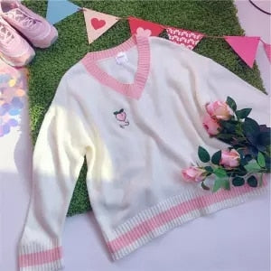 Joinyouth Sweet Cute Peach Embroidery Sweater Long Sleeve O-neck Knitted Women Jumper Pink Pullover Causal Pull Femme 56675