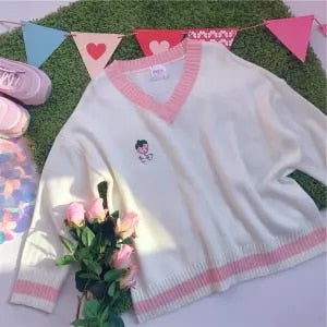 Joinyouth Sweet Cute Peach Embroidery Sweater Long Sleeve O-neck Knitted Women Jumper Pink Pullover Causal Pull Femme 56675