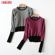 Load image into Gallery viewer, Tangada women vintage plaid pattern jumpers o neck puff long sleeve crop sweater knitted tops YU61
