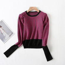 Load image into Gallery viewer, Tangada women vintage plaid pattern jumpers o neck puff long sleeve crop sweater knitted tops YU61
