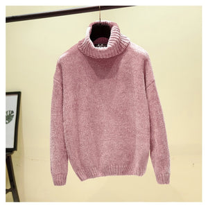 Chic Vintage chenille Cashmere Womens Full sleeve Gold velvet Sweaters Winter Ladies Solid Turtleneck Loose female jumpers 2019