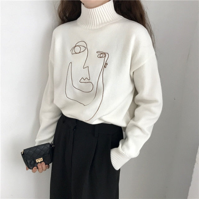 Geometric Face Winter Turtleneck Women Pullover Sweater Long Sleeve Loose Female Knitting Jumper Sweater Slim Ladies Sweater