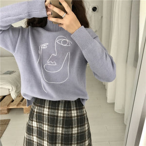 Geometric Face Winter Turtleneck Women Pullover Sweater Long Sleeve Loose Female Knitting Jumper Sweater Slim Ladies Sweater