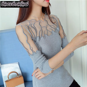 2019 Hitz head lace flounces Korean sweater slim slim female long sleeved shirt color sweater